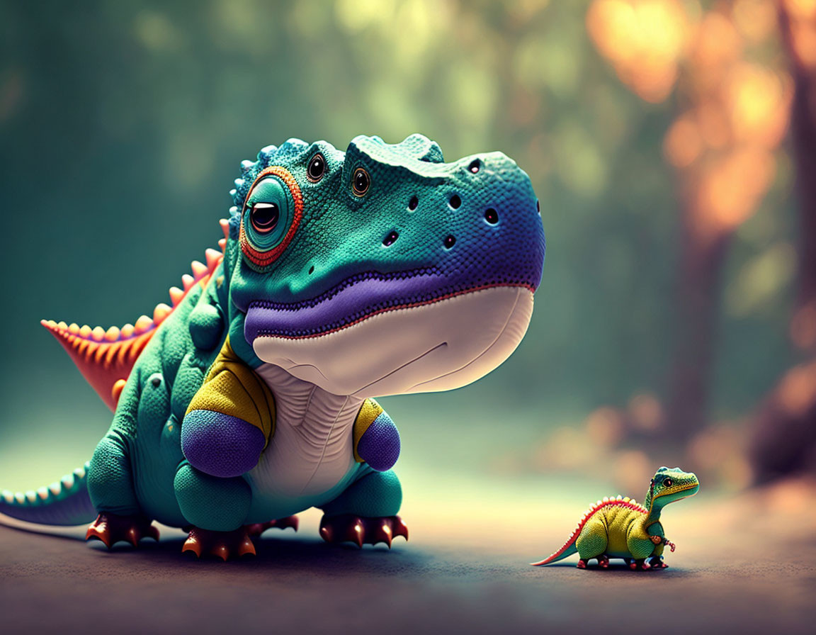 Colorful Stylized Toy Dinosaurs on Smooth Surface with Blurred Background
