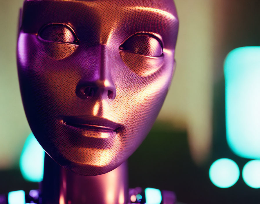 Metallic purple mannequin head with mesh texture under neon lights