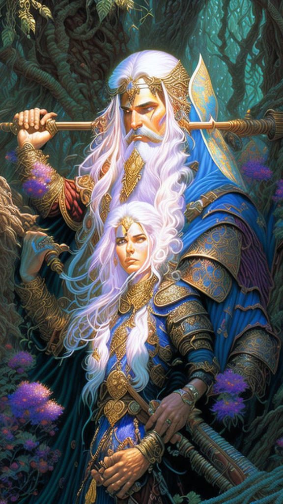 Fantasy illustration of two elves in blue and gold armor in forest