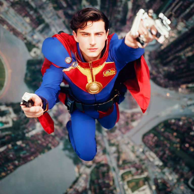 Superhero skydiving with cityscape background