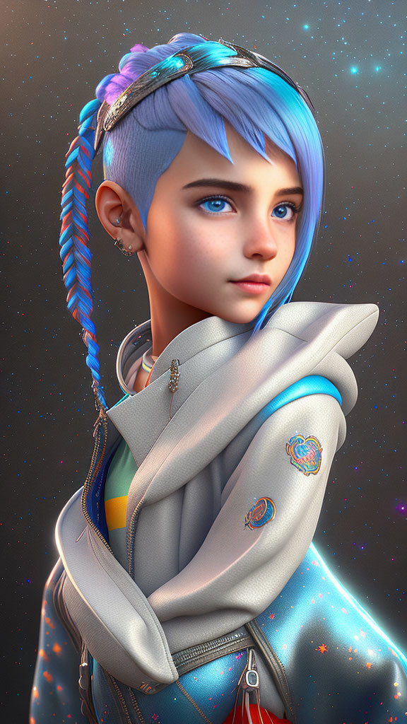 Digital artwork featuring girl with blue hair and space-themed attire
