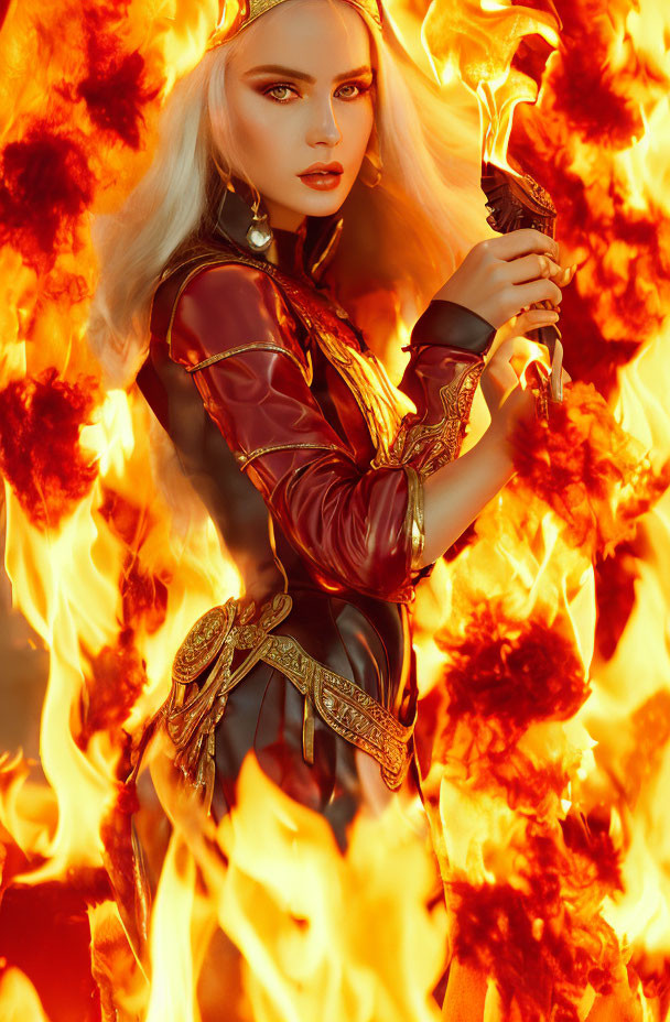 Platinum Blonde Woman in Red and Gold Costume with Dagger Amidst Flames