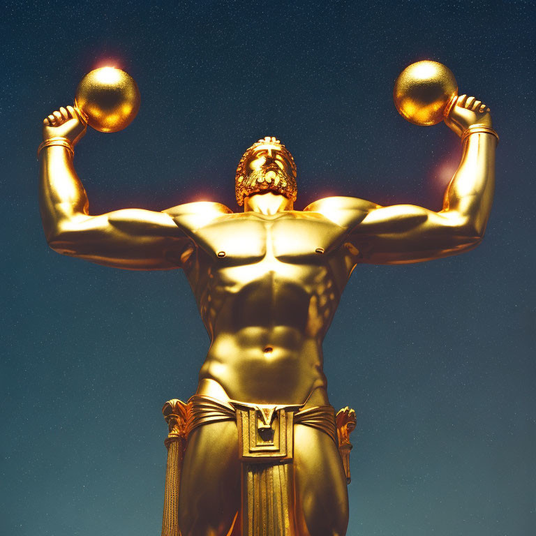 Golden statue of muscular man with spheres under starry sky