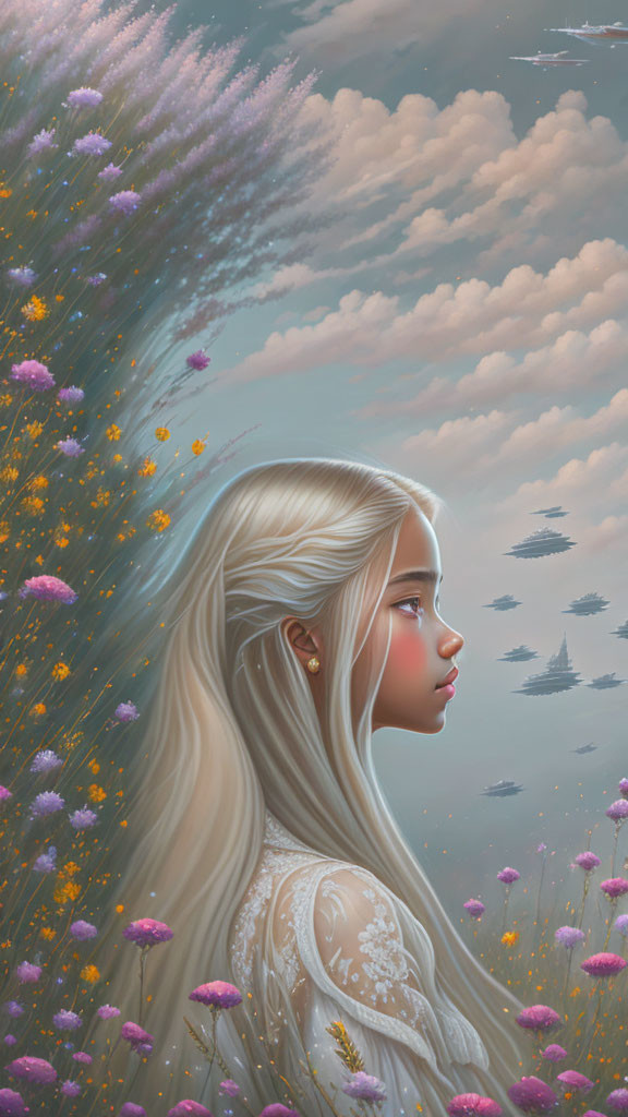 Illustration of woman with long blonde hair in purple flower field under cloudy sky