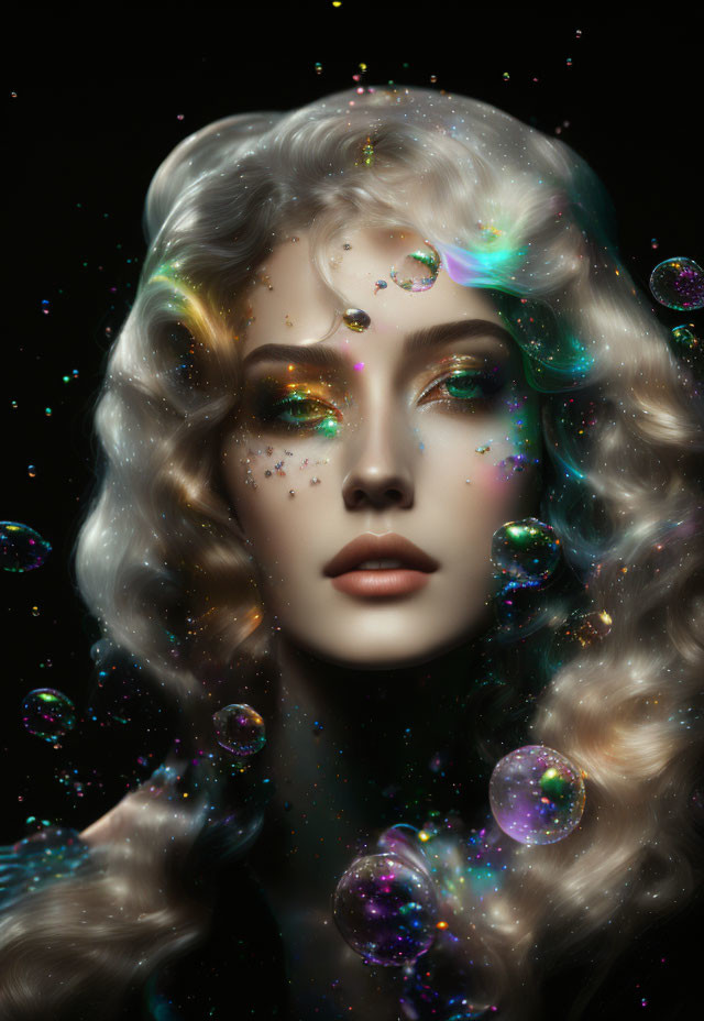 Woman with Wavy Hair and Iridescent Bubbles on Dark Background