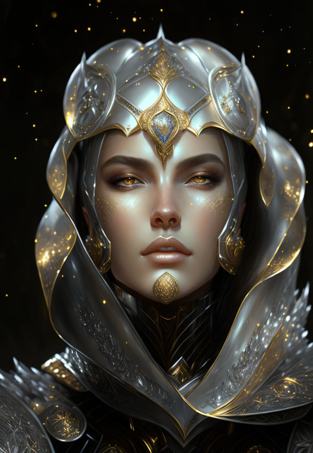 Digital Artwork: Person in Golden Armor with Crown on Dark Starry Background