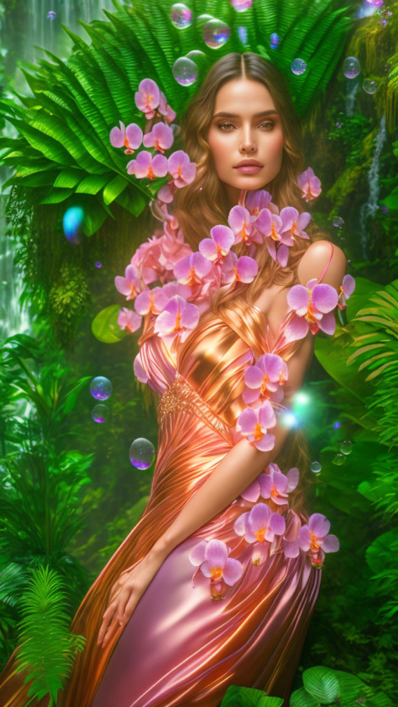 Woman in Peach Dress Surrounded by Flowers and Bubbles in Green Setting