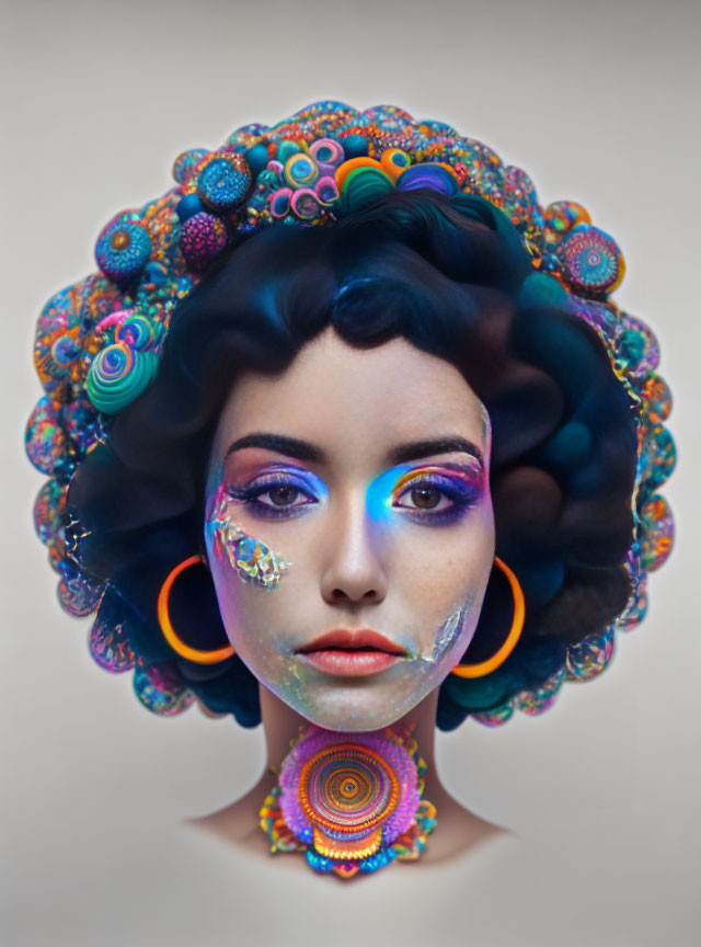 Colorful makeup and vibrant circle headdress on serene woman