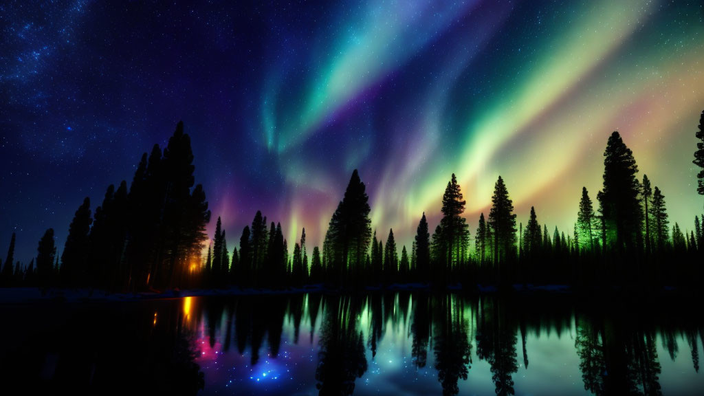Vibrant Aurora Borealis over Tranquil Forest and Reflective Lake