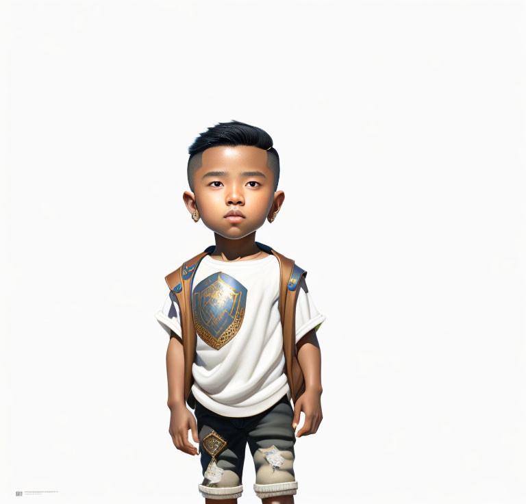 Digital illustration of young boy in knight armor t-shirt & suspenders