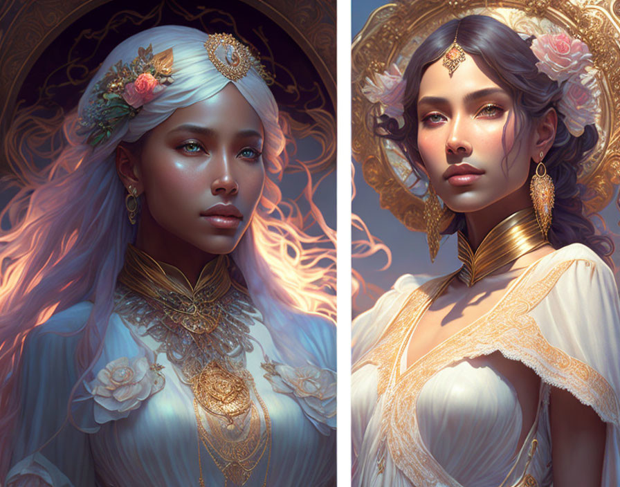 Ethereal woman in floral and golden accessories diptych