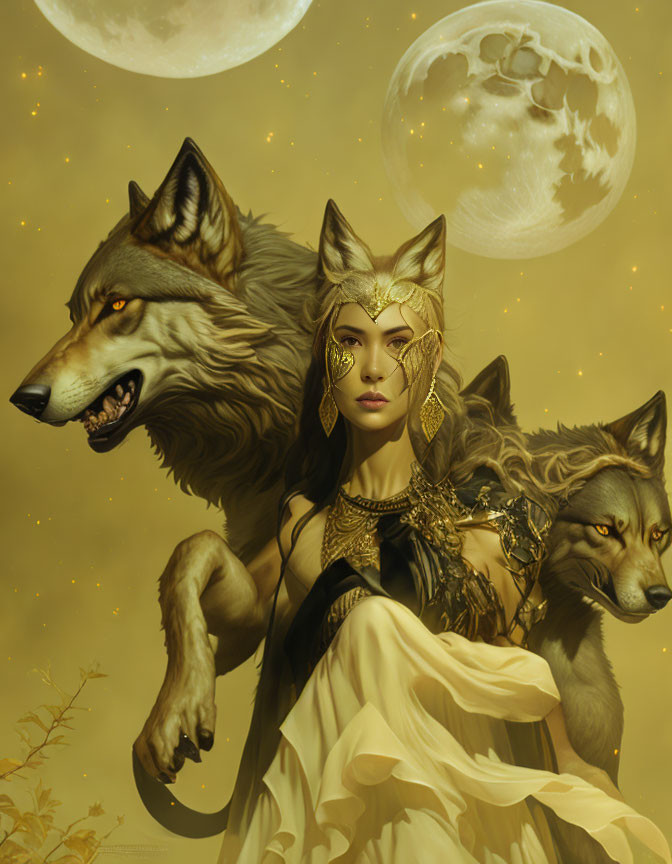 Fantasy illustration: Woman with wolf-like features and attire, two wolves, moonlit golden sky