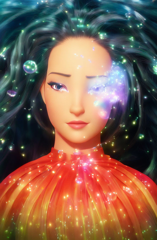 Digital Artwork: Woman with Flowing Hair, Bubbles, and Glowing Particles