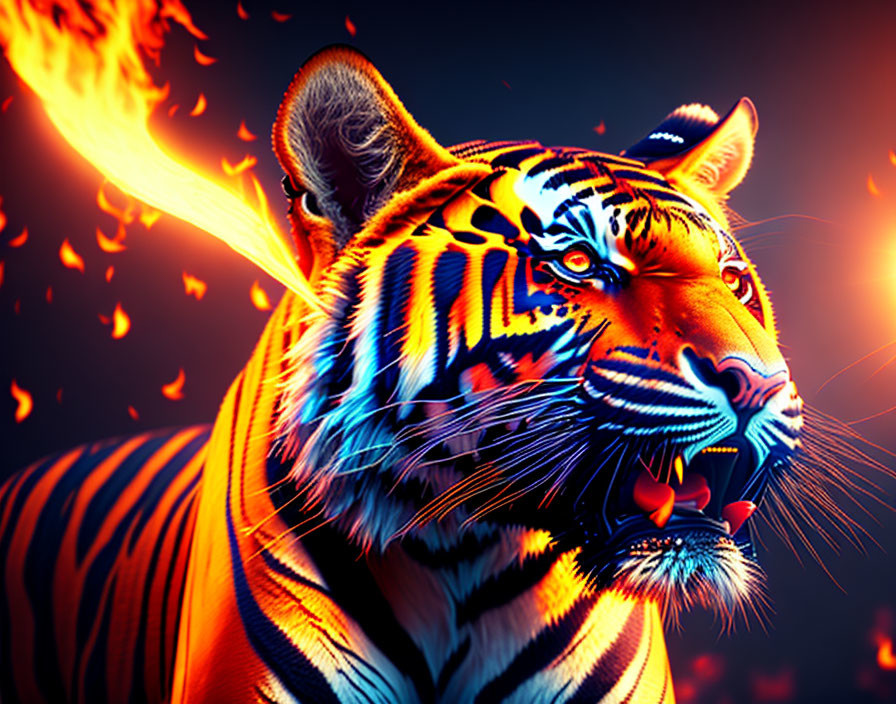 Vivid Tiger Artwork with Flames on Dark Blue Background