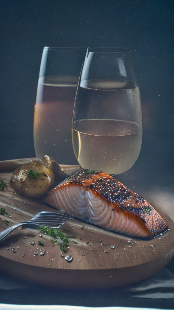 White Wine Glasses with Salmon, Herbs, and Potatoes on Wood Platter