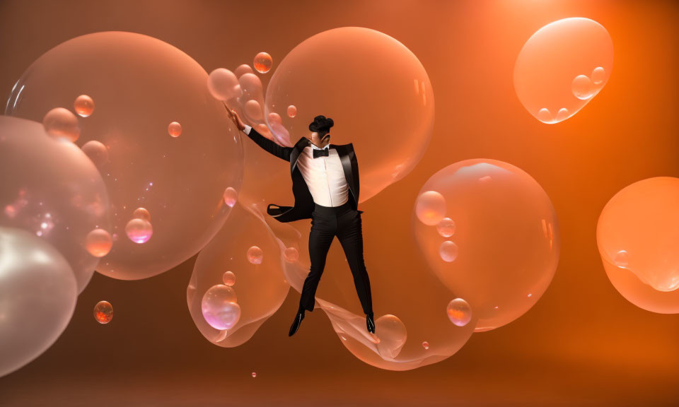 Person in formal attire floating among translucent bubbles on orange backdrop