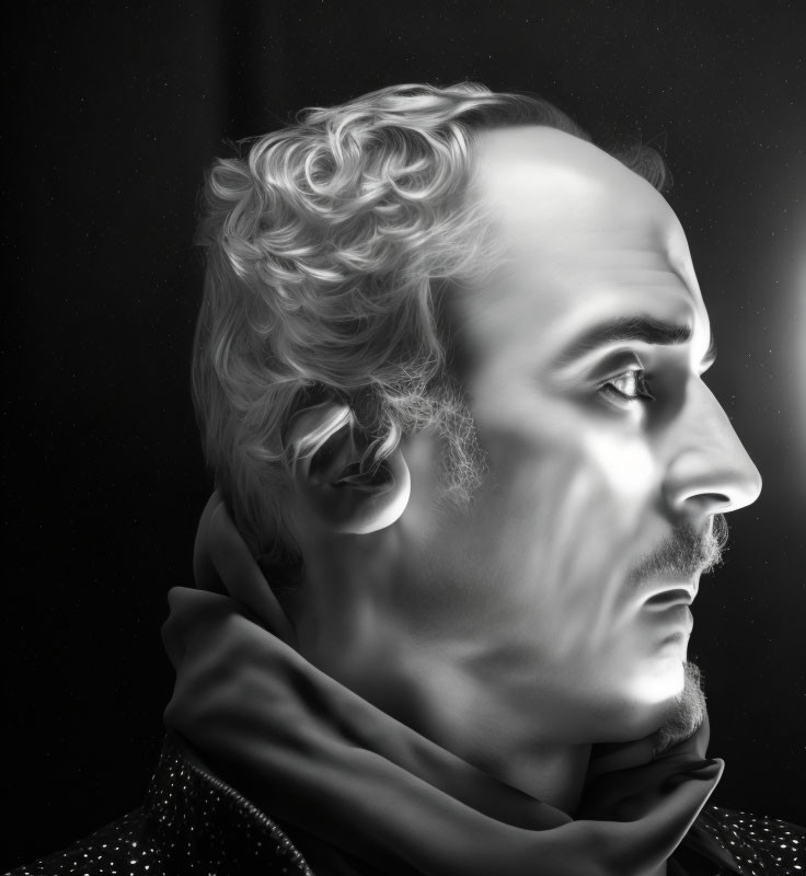 Monochrome digital profile portrait of a man with curly hair and high collar