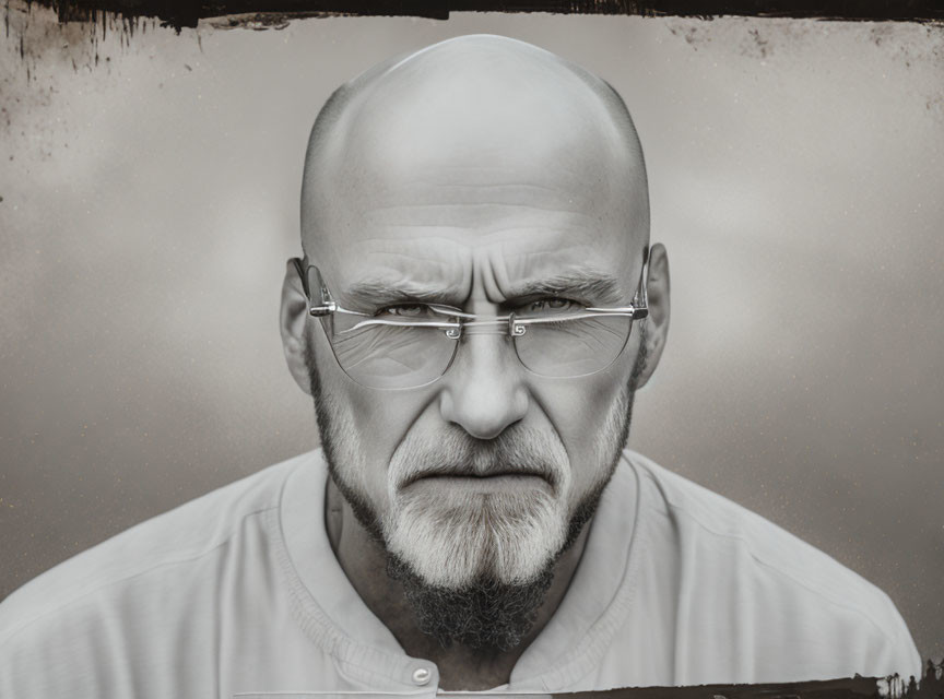 Bald man with goatee and glasses on sepia background