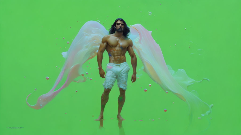 Long-haired man with liquid wings on lime green background