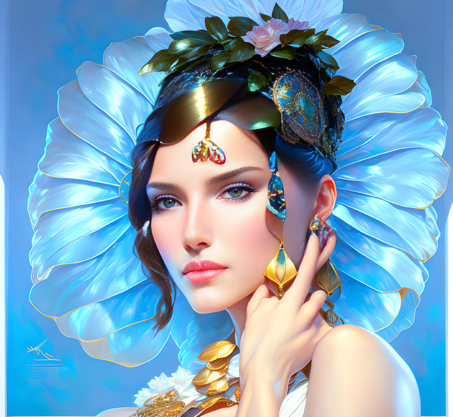 Digital art portrait of a woman with ornate headpiece: blue petals, gold adornments, white