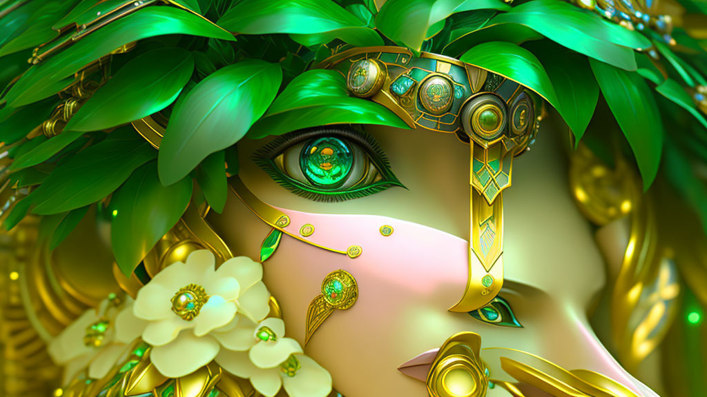 Eye digital art with golden and emerald jewelry in lush green setting