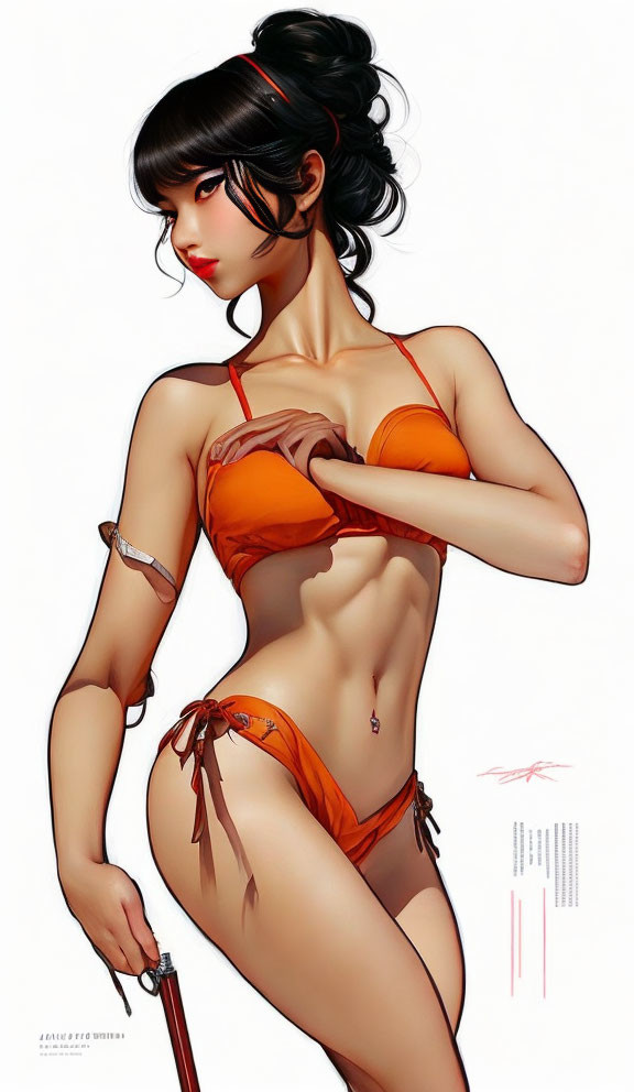 Stylized illustration of woman in orange bikini with dark hair