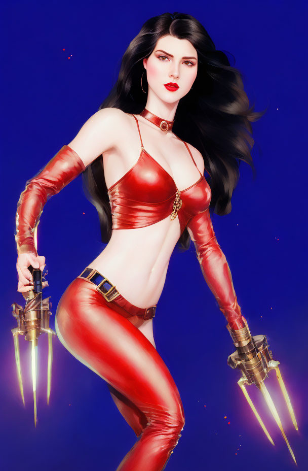 Digital art: Woman in black hair, red bodysuit, gloves, with retractable claws