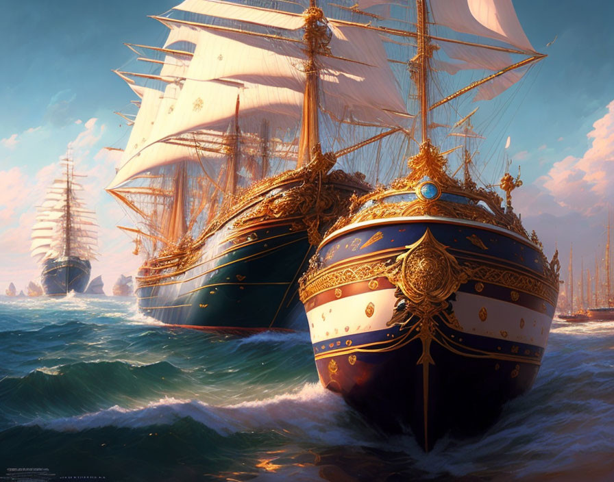 Ornate tall ships with full sails on sunlit sea