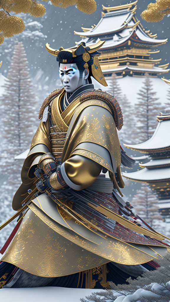 Digital artwork of samurai in golden armor in snowy landscape with Japanese pagodas