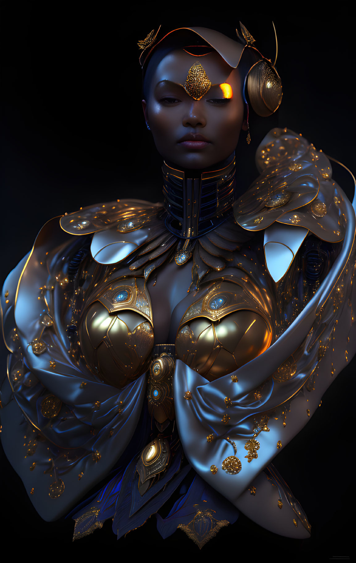 Futuristic digital artwork of woman in golden armor against dark backdrop