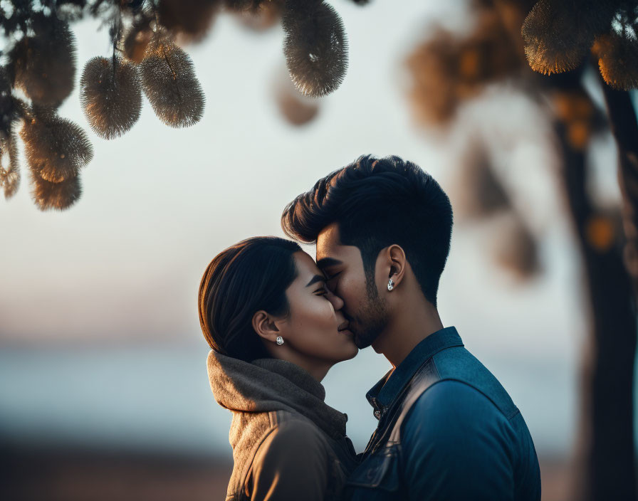 Couple kissing outdoors at dusk under tree branches and sunset glow
