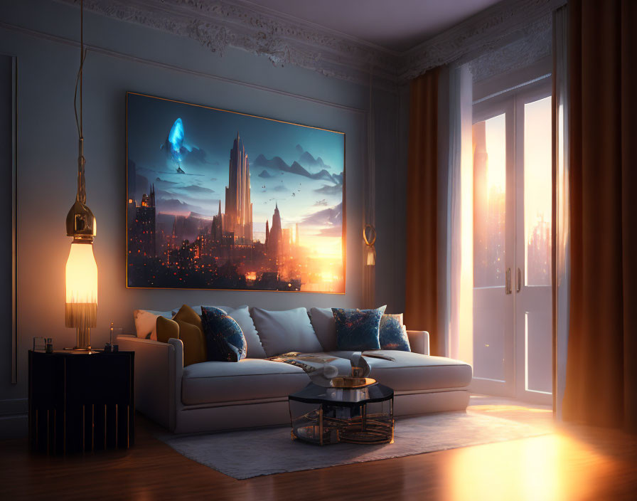 Spacious living room with cityscape painting, white sofa, warm lighting, and sunset view.