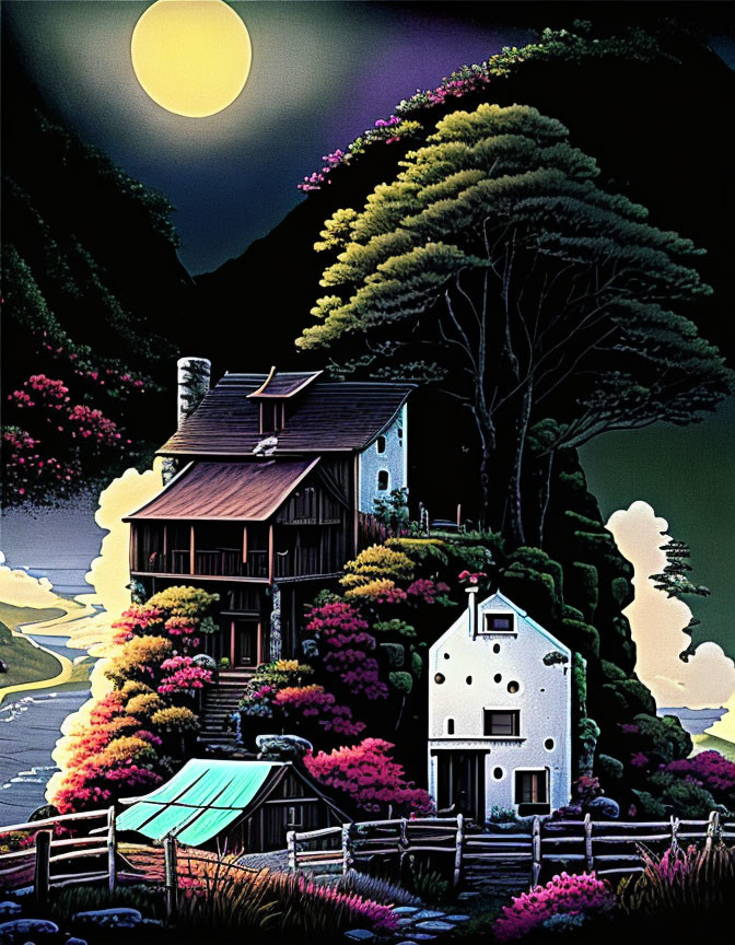 Moonlit Landscape with Houses, River, and Flora