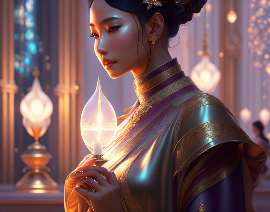 Illustration of woman with elegant hairstyle holding glowing light in ornate traditional clothing in richly decorated room