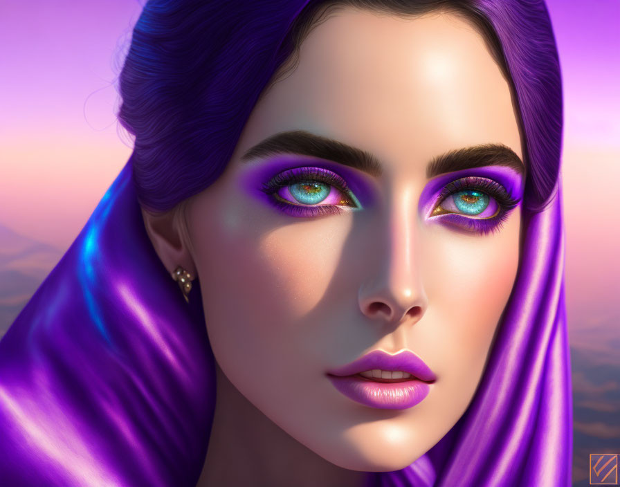 Digital illustration of woman with blue eyes and purple makeup against sunset background