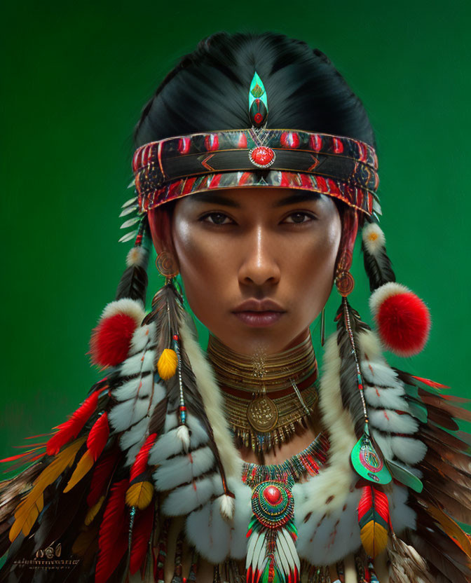 Solemn person in feathered headdress with beads and jewel on green background