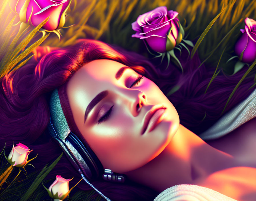 Digital artwork: Woman with purple hair in rose field with headphones