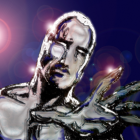 Reflective metallic humanoid figure with floating bubbles on purple backdrop