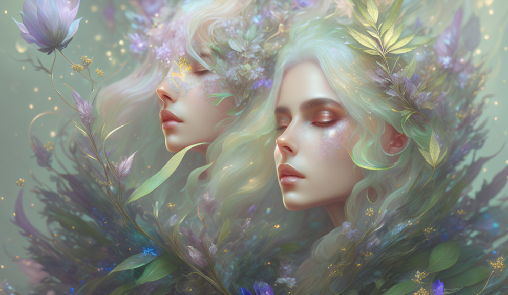 Ethereal beings with pastel hair and floral adornments in serene setting