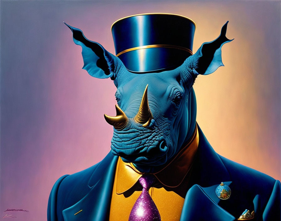 Colorful surreal portrait of a well-dressed rhinoceros