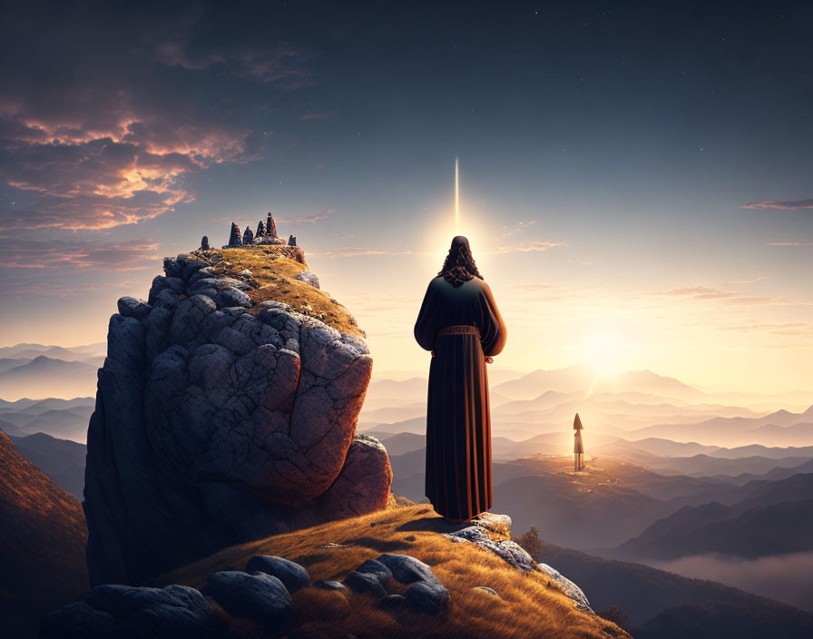Robed Figure on Mountain Top Views Distant Lit Beacon at Twilight