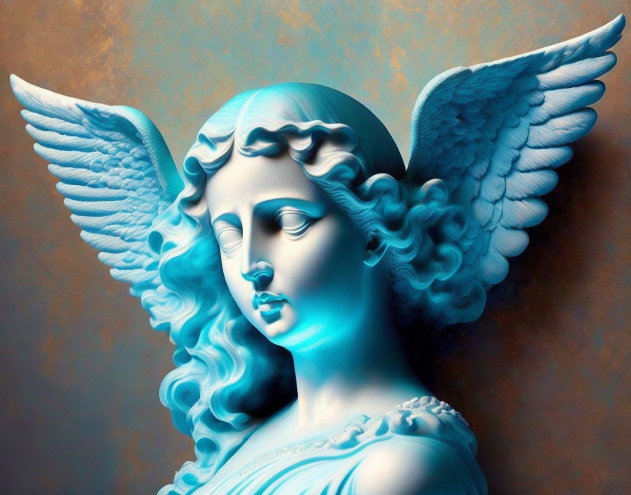 Blue-toned angel sculpture with intricate wings and wavy hair on textured golden backdrop