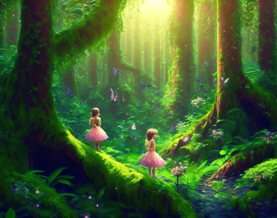Ethereal children in pink dresses in sunlit forest surrounded by butterflies