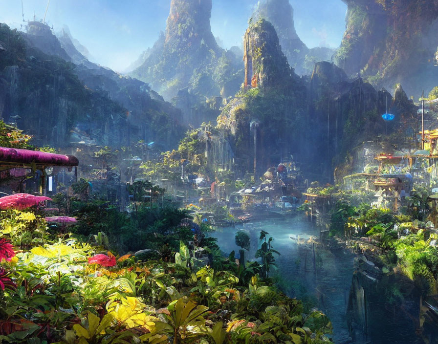 Vibrant fantasy landscape with rock formations, waterfalls, foliage, and colorful village.