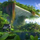 Futuristic floating structures in lush green jungle landscape