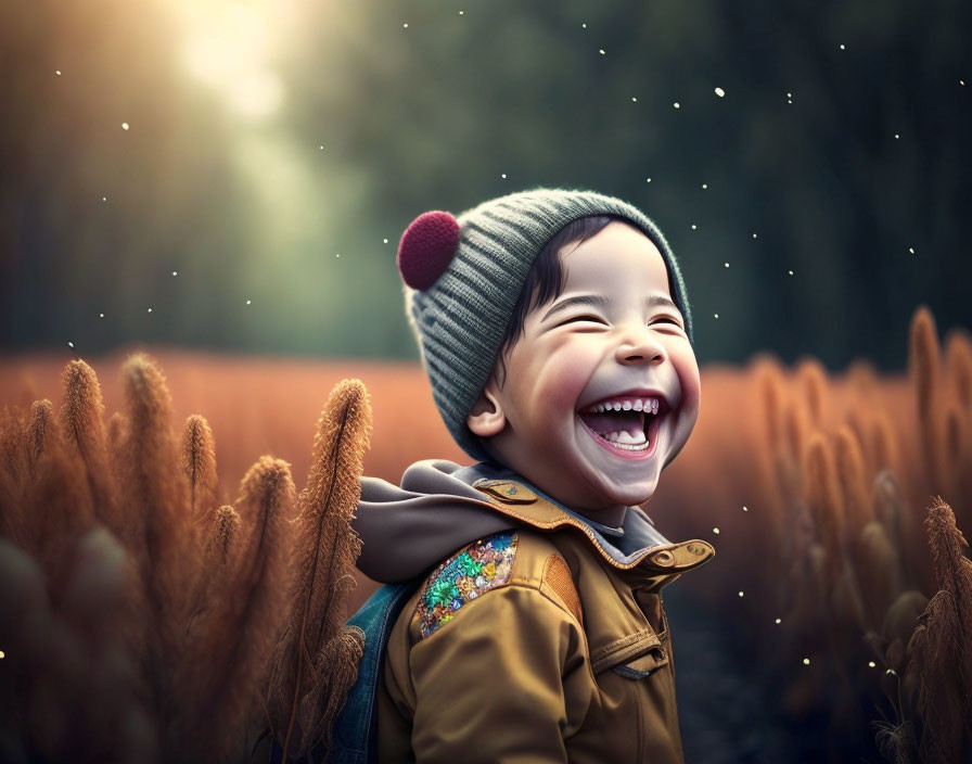 Child in winter hat and coat laughing in golden wheat field with sun rays.