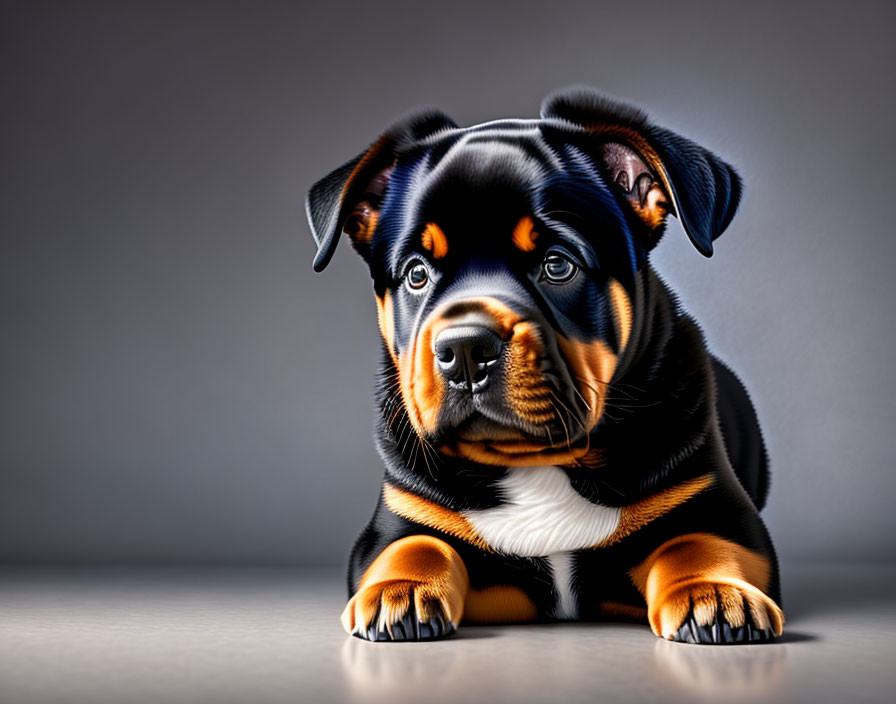 Glossy black and tan Rottweiler puppy against grey background