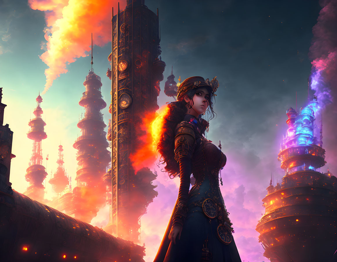 Steampunk towers and girl