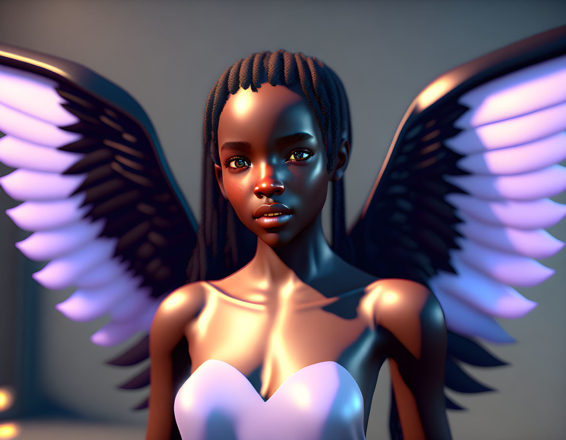 Digital artwork featuring woman with dark skin, glowing blue eyes, braided hair, heart-shaped top,