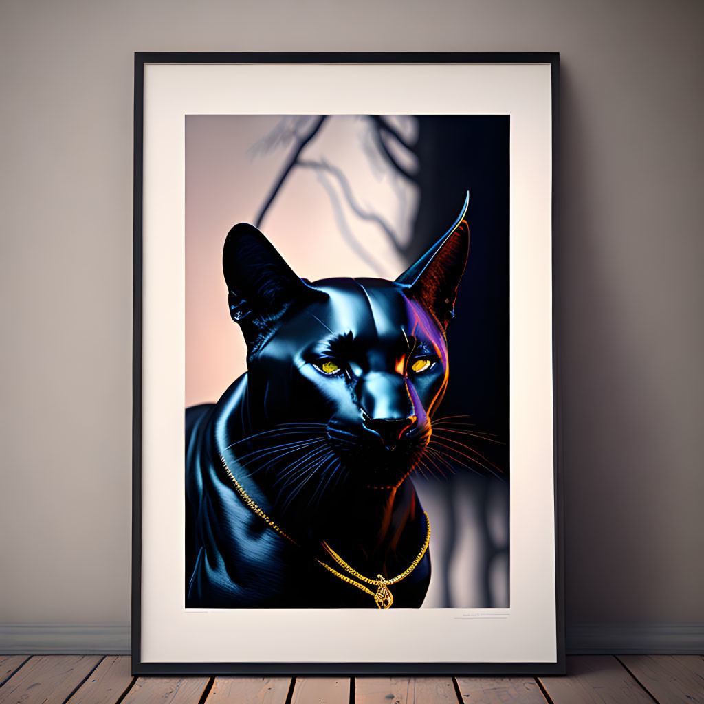 Stylized black panther digital art with gold chain on white background in framed display